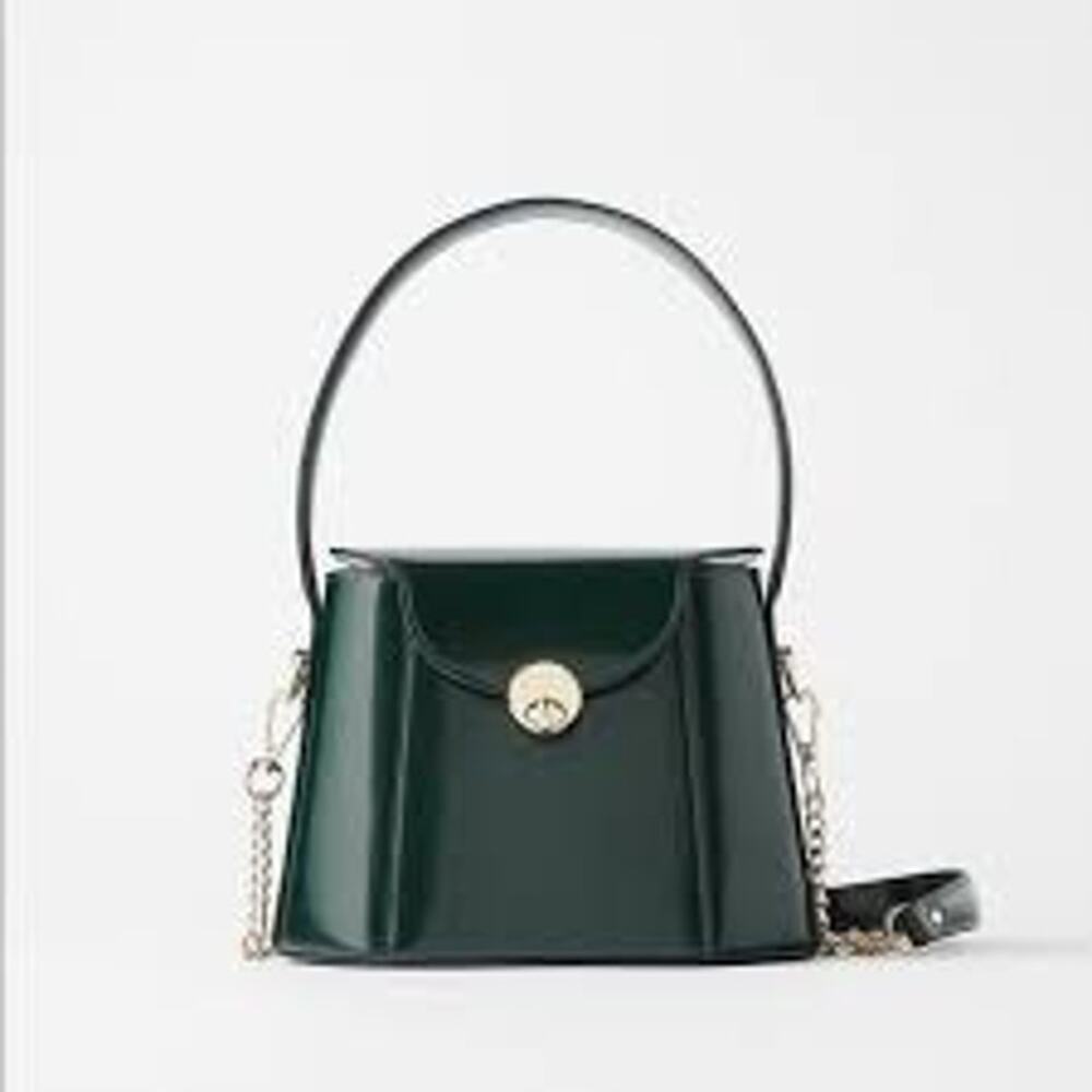 Zara Dark Green Patent Crossbody Bag with Gold Hardware